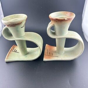 Vintage MCM Ceramic Candle Holders Set of 2, Japan Green/Brown Drip Glaze